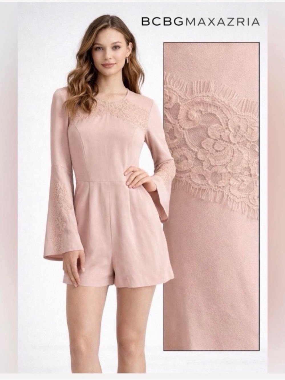 BCBGMAXAZRIA
pink lace playsuit with lace detailing on shoulders and sleeves,
